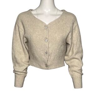Snidel Cardigan Sweater Wool Fox Hair Ivory/Beige Jewel Crystal Buttons One Size